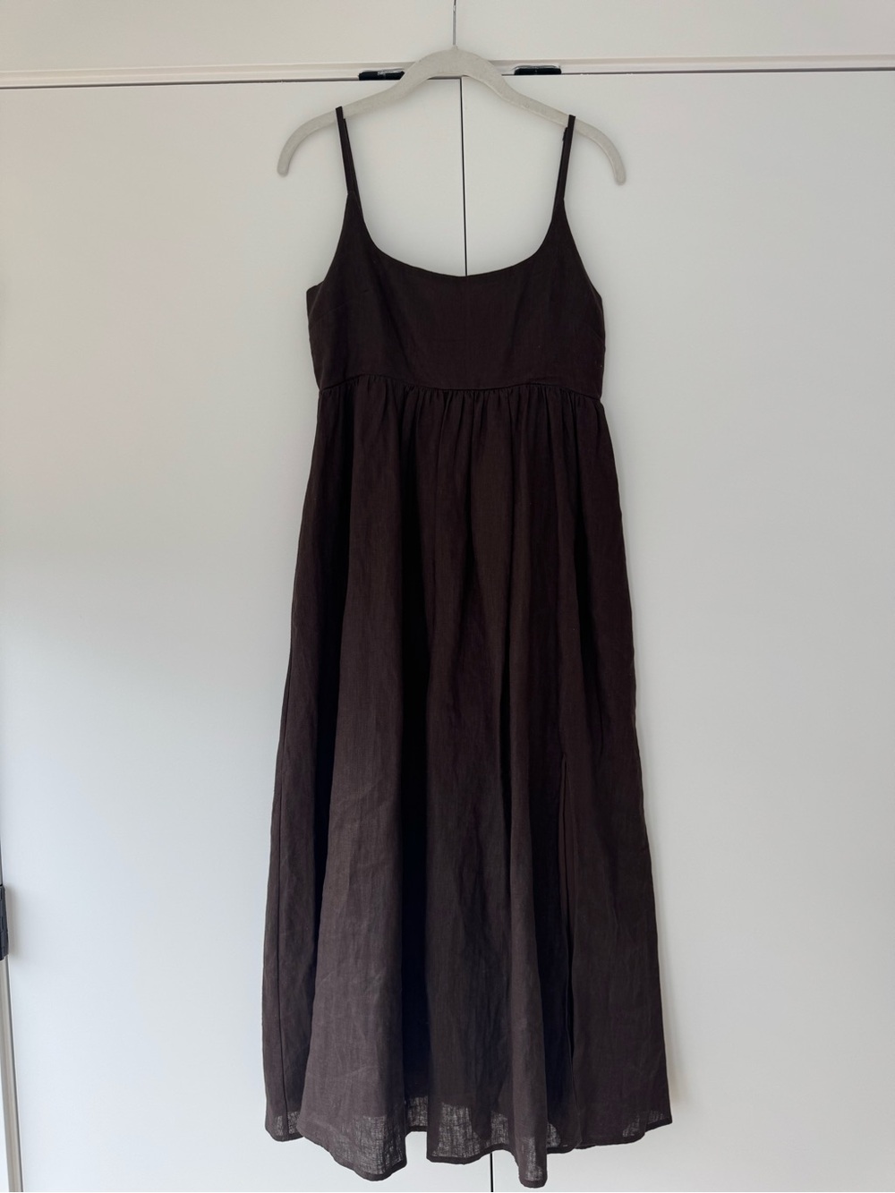Brown Spaghetti-Strap Linen Dress